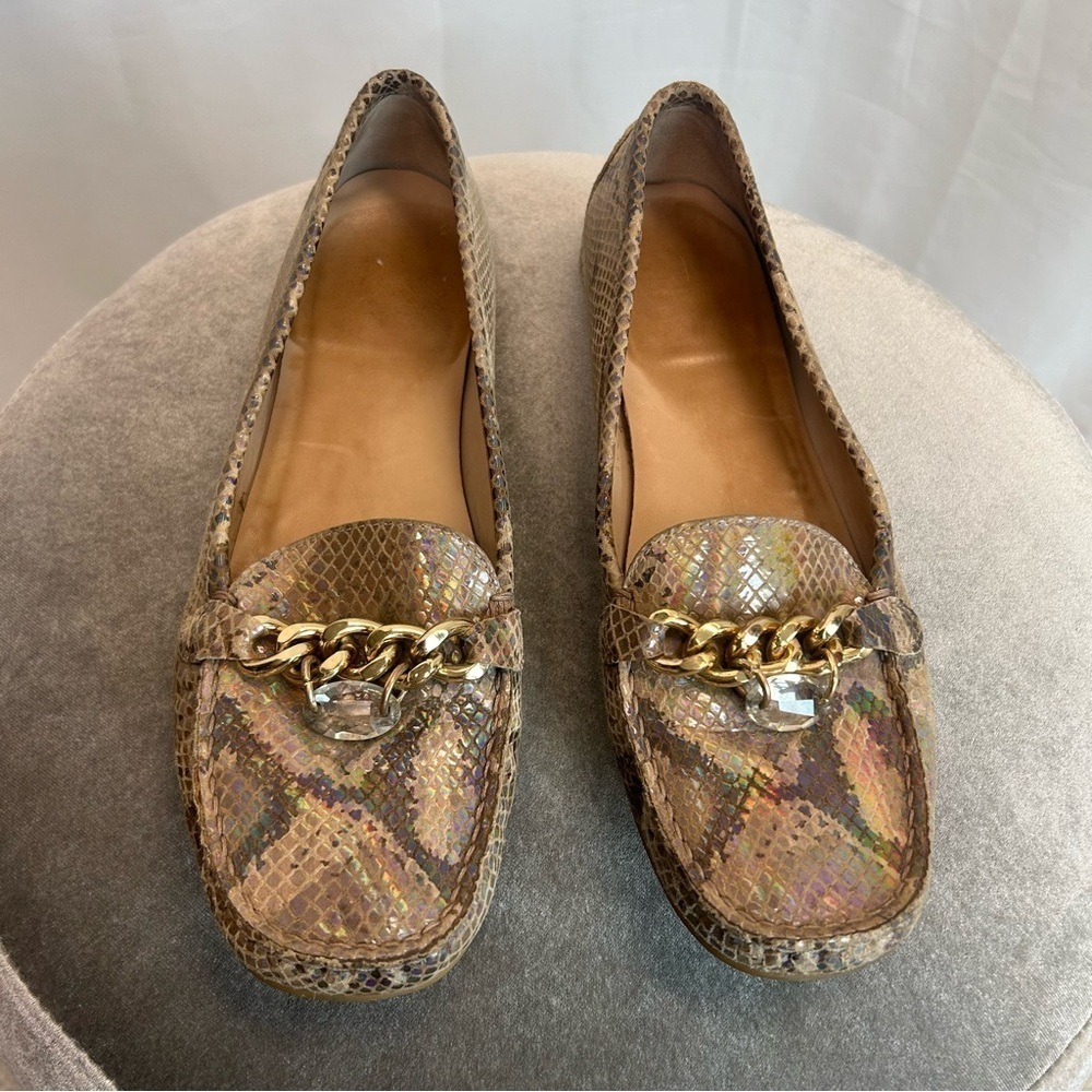 Stuart Weitzman Snake Embossed Holographic Moccasin Loafers Sz 9.5